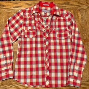 Women’s Lamisini medium pearl snap embroidered western shirt. Mint